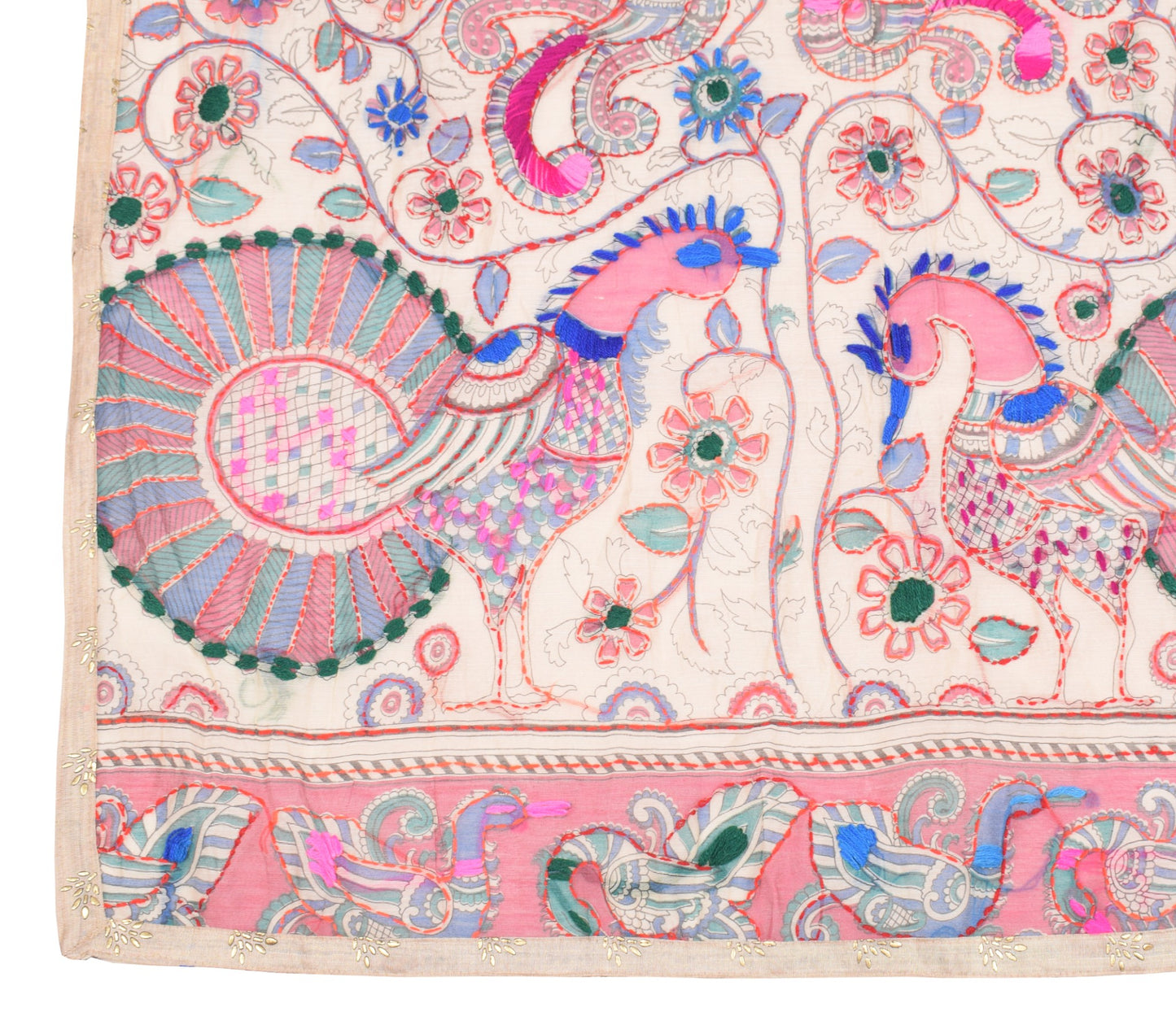 Sushila Vintage Cream Long Stole Cotton Chanderi Hand Print Katha Stitch Dupatta