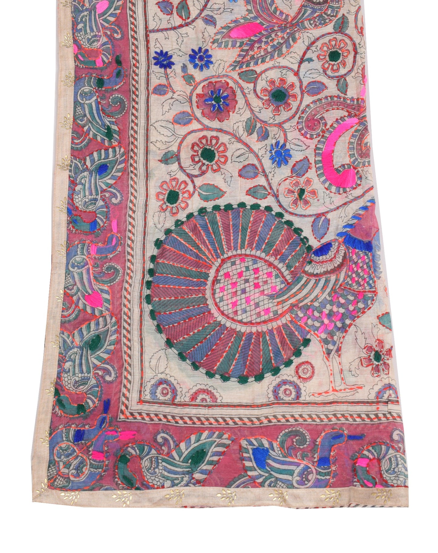 Sushila Vintage Cream Long Stole Cotton Chanderi Hand Print Katha Stitch Dupatta