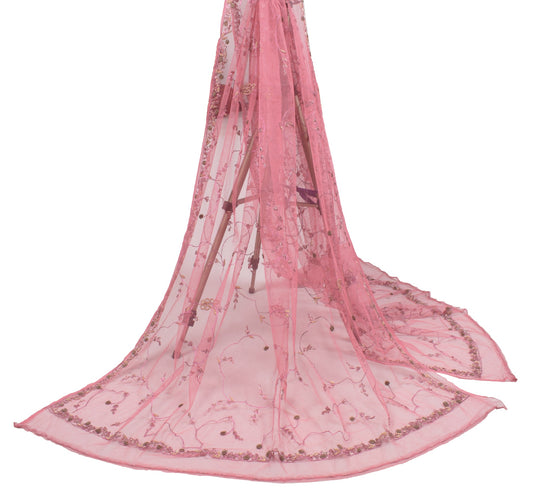 Sushila Vintage Pink Net Mesh Dupatta Hand Beaded Zardozi Wedding Long Stole