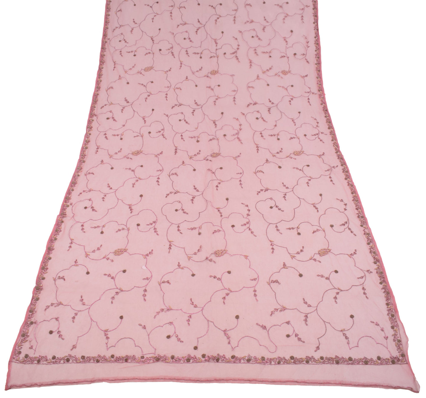 Sushila Vintage Pink Net Mesh Dupatta Hand Beaded Zardozi Wedding Long Stole