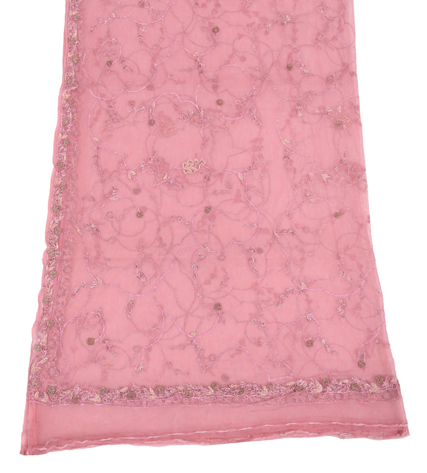 Sushila Vintage Pink Net Mesh Dupatta Hand Beaded Zardozi Wedding Long Stole