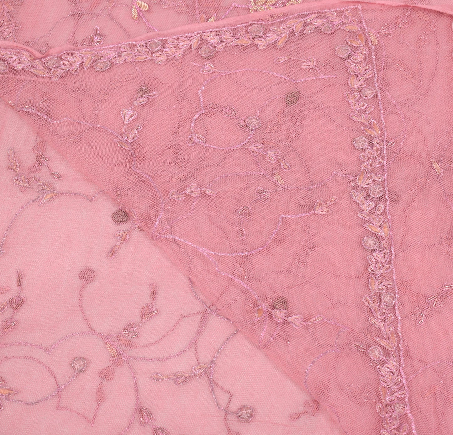 Sushila Vintage Pink Net Mesh Dupatta Hand Beaded Zardozi Wedding Long Stole