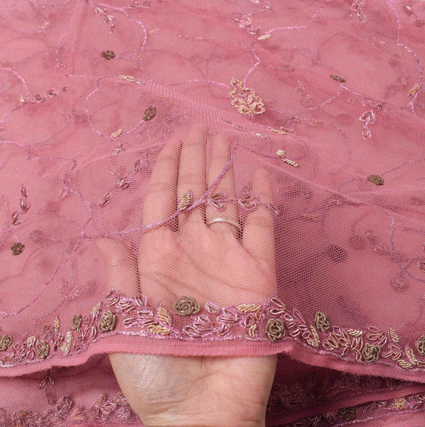 Sushila Vintage Pink Net Mesh Dupatta Hand Beaded Zardozi Wedding Long Stole