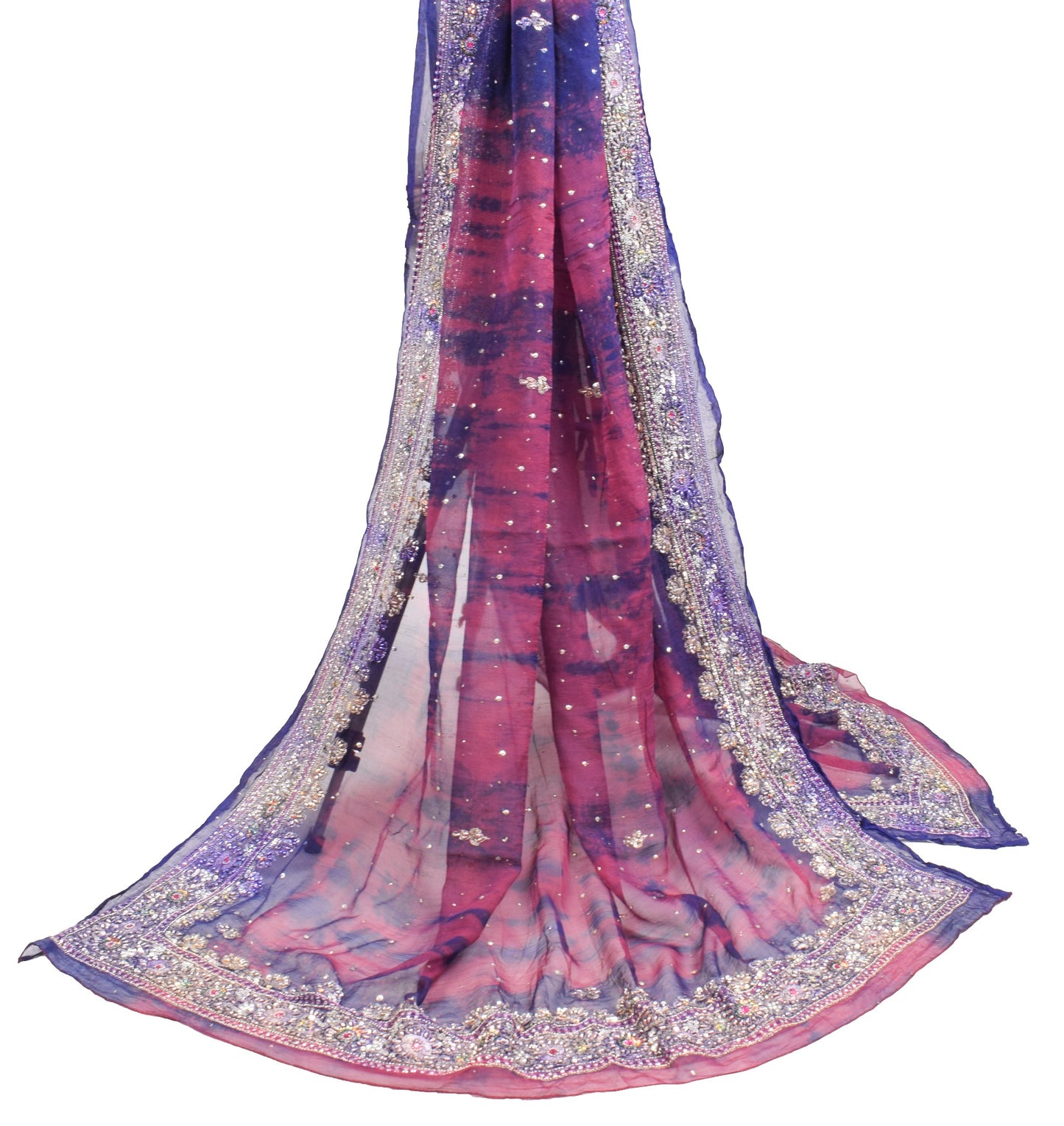 Sushila Vintage Hand Beaded Dupatta Pure Chiffon Tie-Dye magenta Long Stole