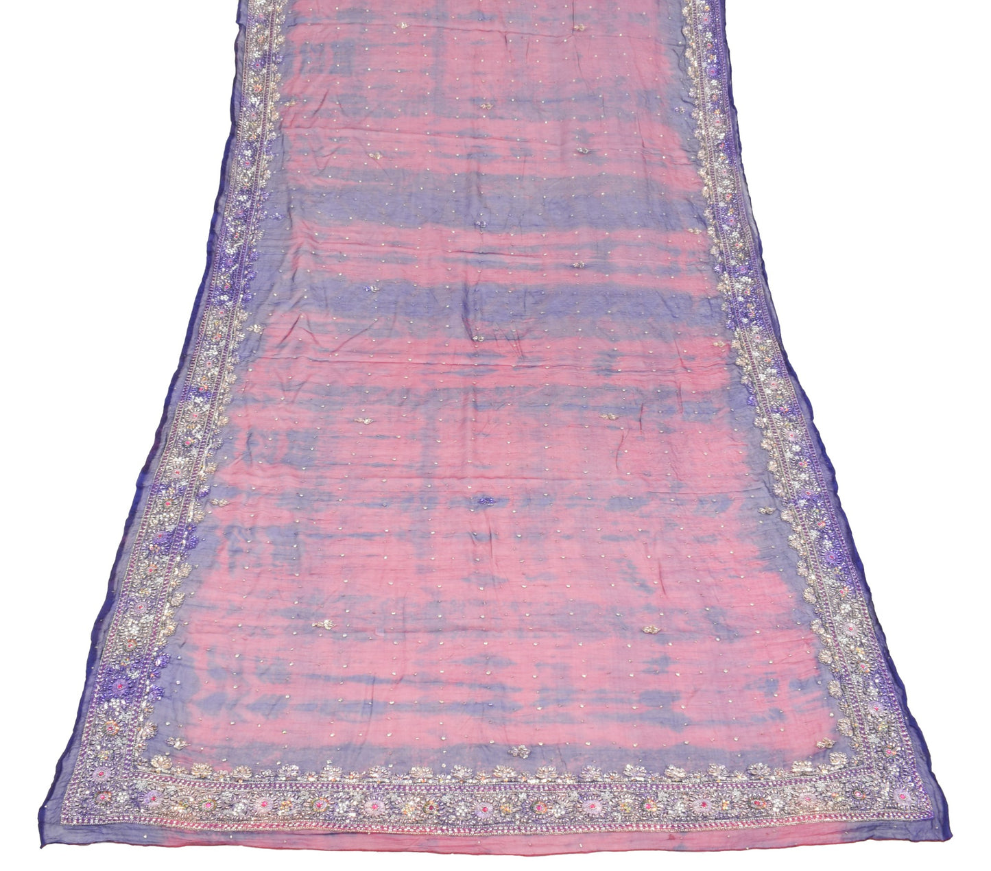Sushila Vintage Hand Beaded Dupatta Pure Chiffon Tie-Dye magenta Long Stole