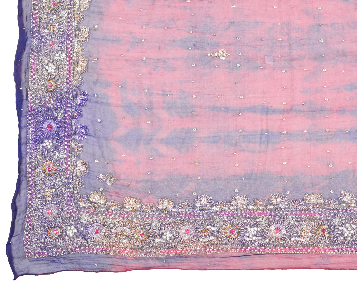 Sushila Vintage Hand Beaded Dupatta Pure Chiffon Tie-Dye magenta Long Stole