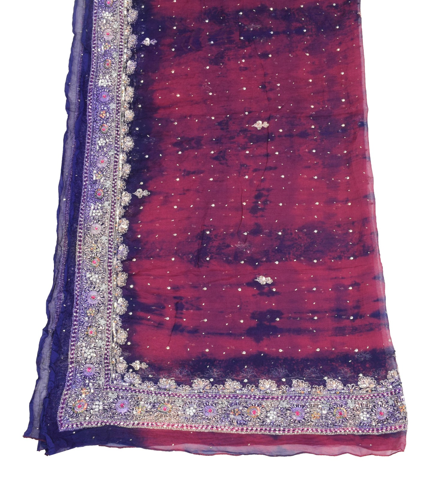 Sushila Vintage Hand Beaded Dupatta Pure Chiffon Tie-Dye magenta Long Stole