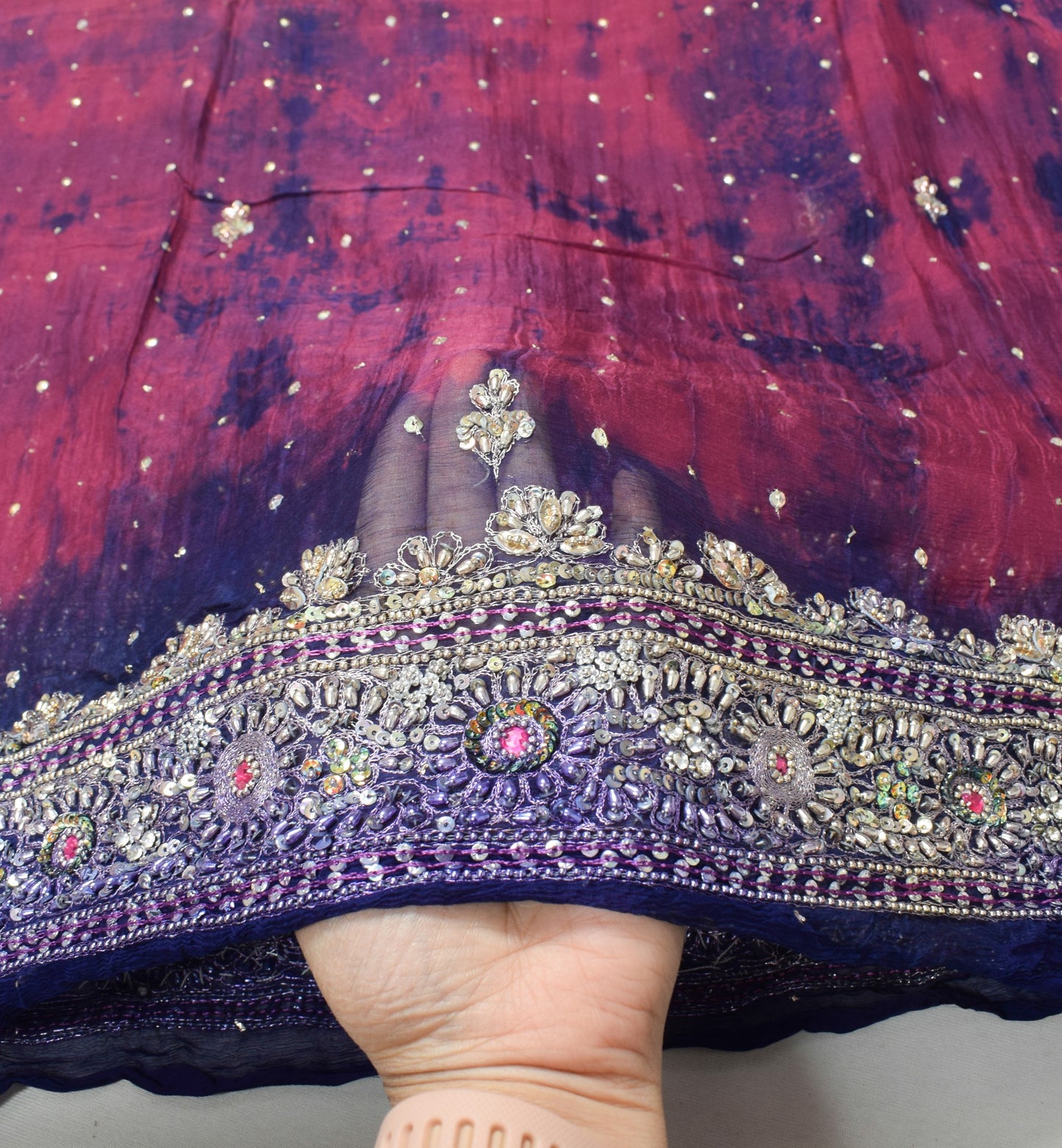Sushila Vintage Hand Beaded Dupatta Pure Chiffon Tie-Dye magenta Long Stole