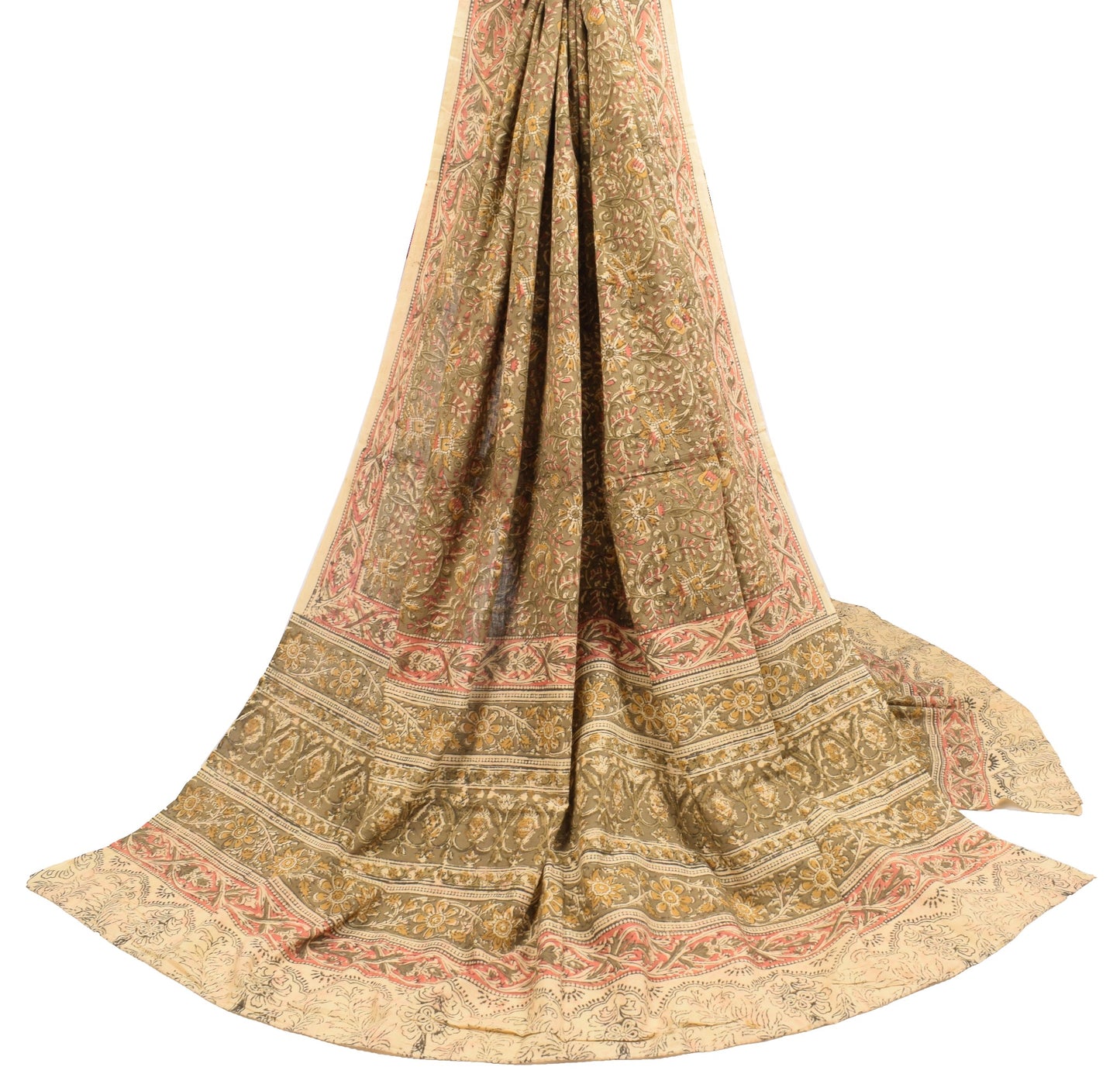 Sushila Vintage Hand Block Print Dupatta Kalamkari Pure Cotton Green Long Stole