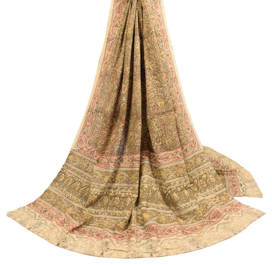 Sushila Vintage Hand Block Print Dupatta Kalamkari Pure Cotton Green Long Stole