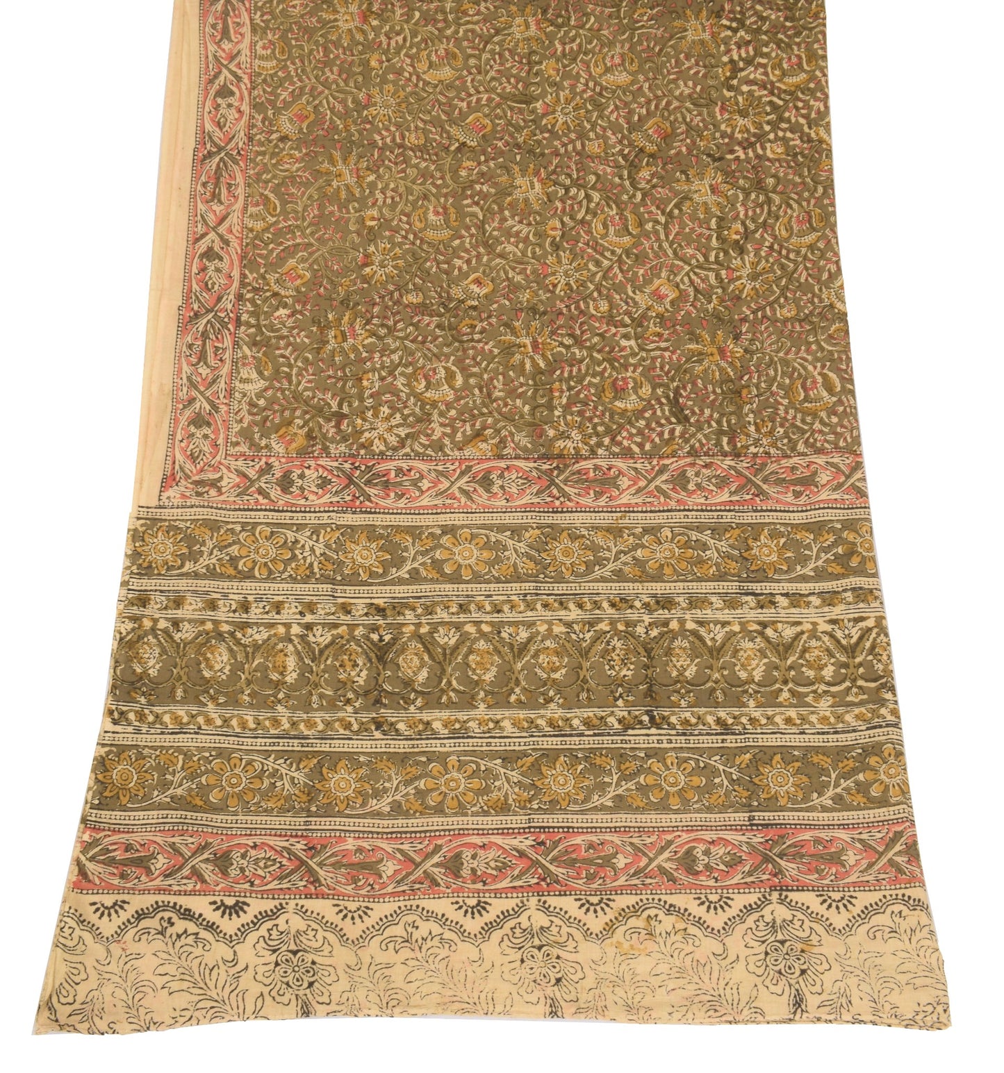 Sushila Vintage Hand Block Print Dupatta Kalamkari Pure Cotton Green Long Stole