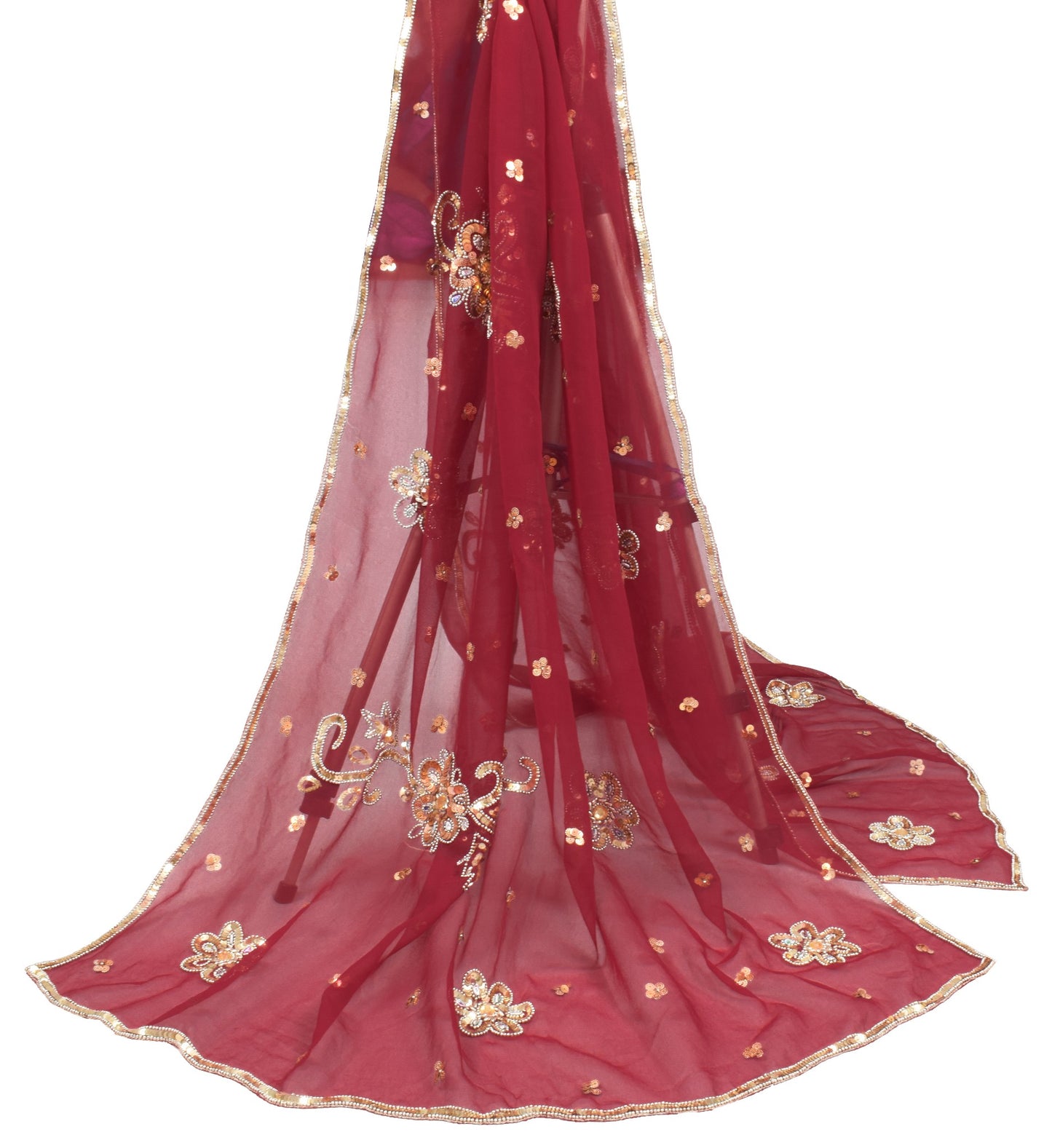 Sushila Vintage Sequins Embellish Dupatta Georgette Maroon Wedding Long Stole