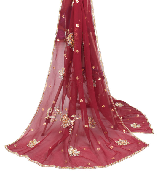 Sushila Vintage Sequins Embellish Dupatta Georgette Maroon Wedding Long Stole