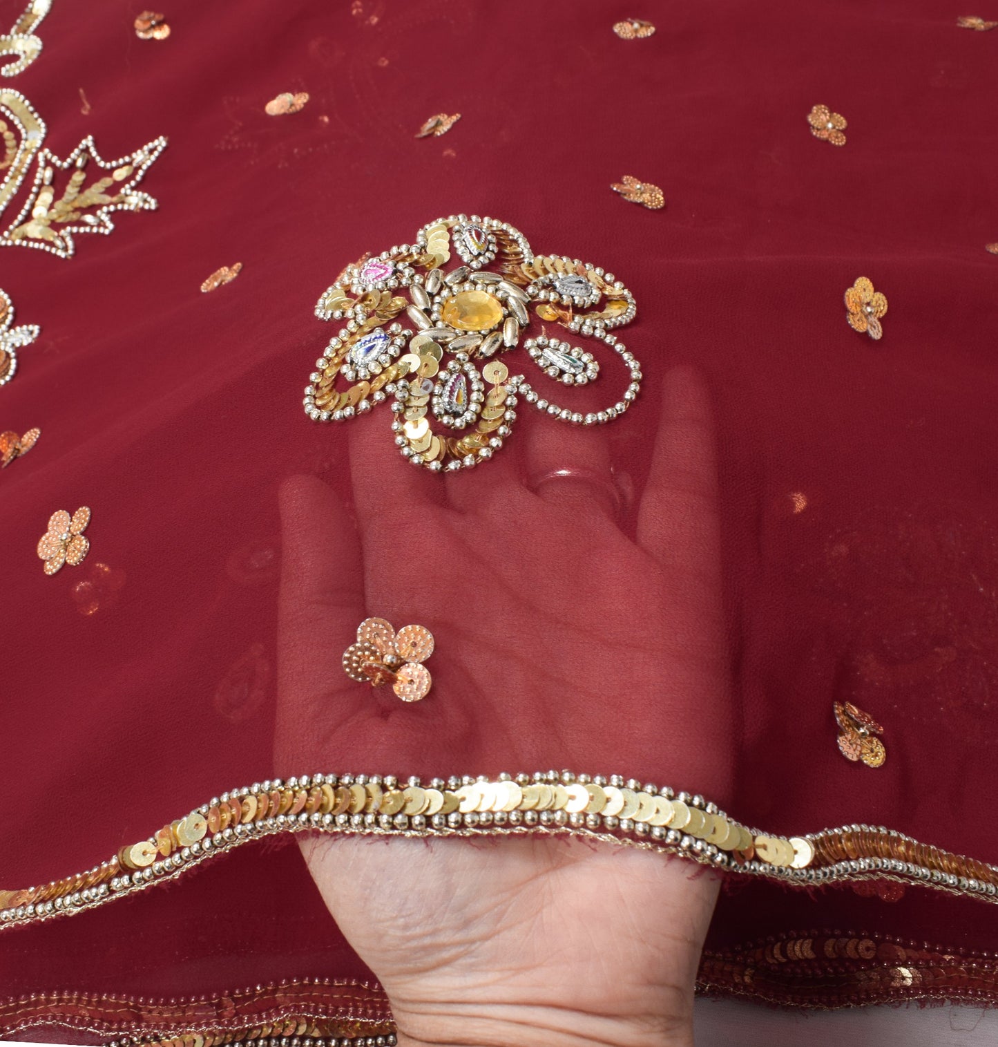 Sushila Vintage Sequins Embellish Dupatta Georgette Maroon Wedding Long Stole