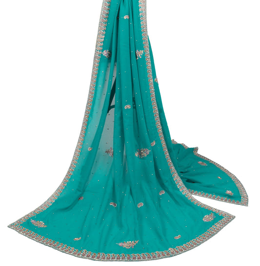 Sushila Vintage Turquoise Green Dupatta Georgette Zari Sequins Work Long Stole