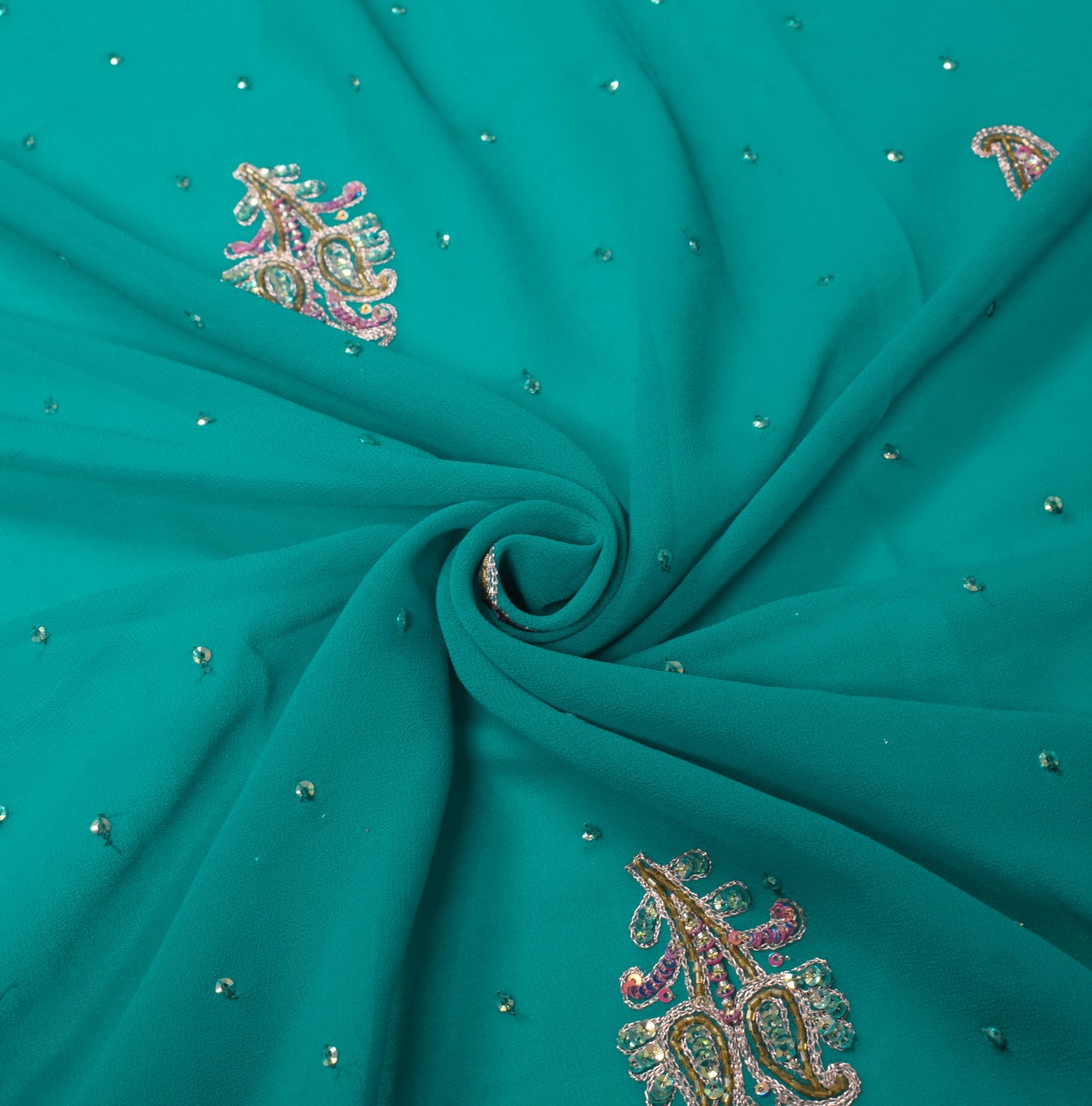 Sushila Vintage Turquoise Green Dupatta Georgette Zari Sequins Work Long Stole