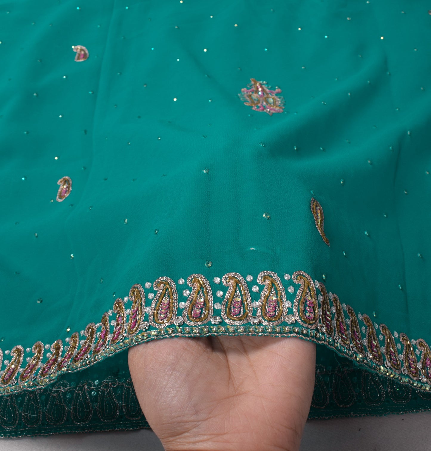 Sushila Vintage Turquoise Green Dupatta Georgette Zari Sequins Work Long Stole