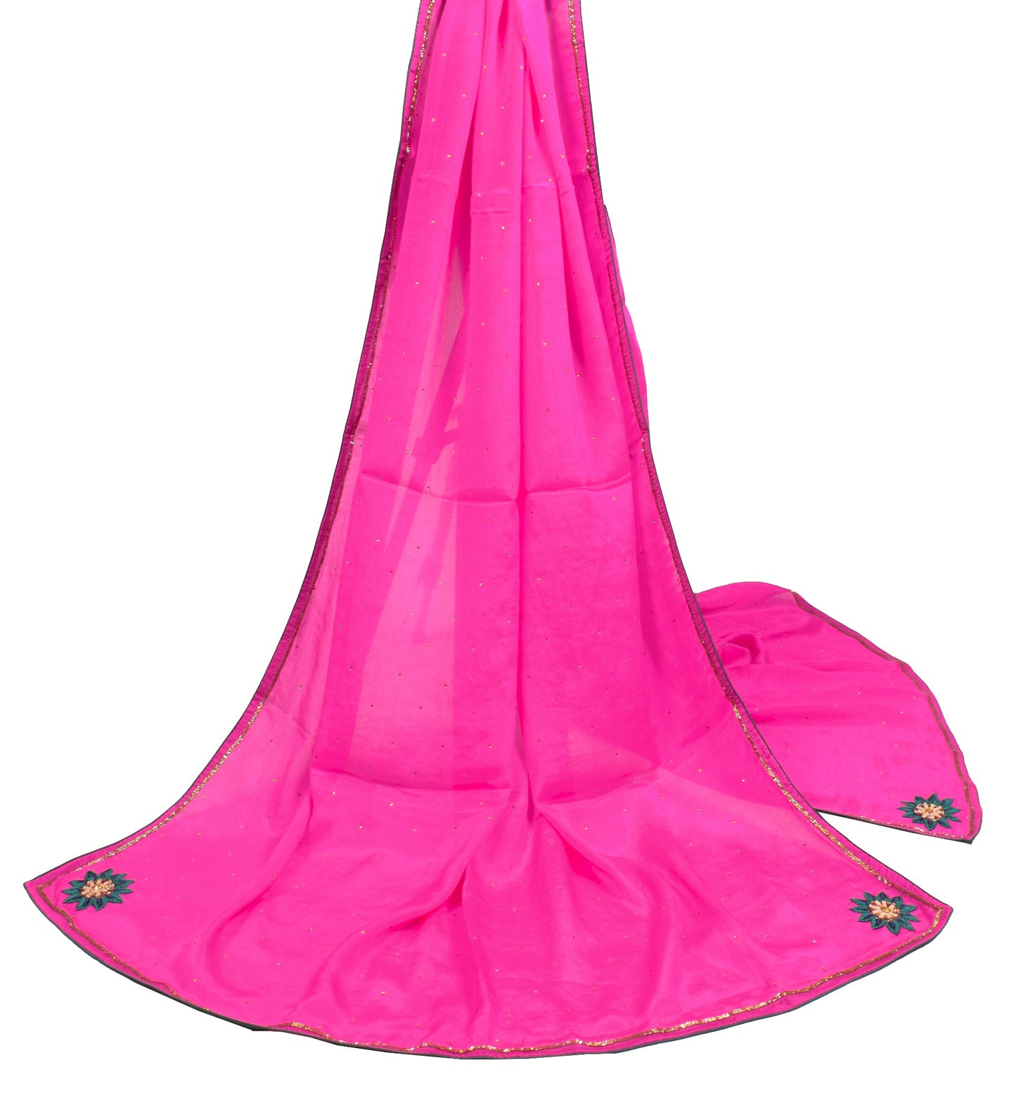 Sushila Vintage Fuchsia Pink Dupatta Floral Hand Embroidered Chiffon Long Stole