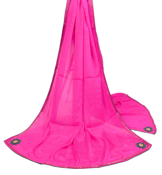 Sushila Vintage Fuchsia Pink Dupatta Floral Hand Embroidered Chiffon Long Stole