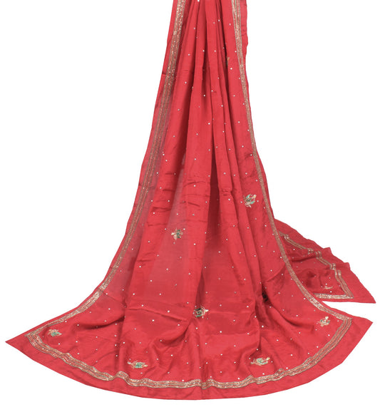 Sushila Vintage Red Nikah Dupatta Pure Chiffon Glass Beads Embellish Long Stole