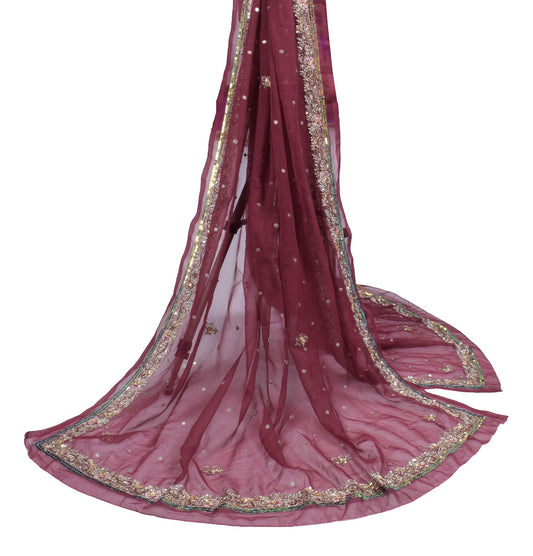 Sushila Vintage Wedding Maroon Dupatta Art Georgette Hand Beaded Long Stole Wrap