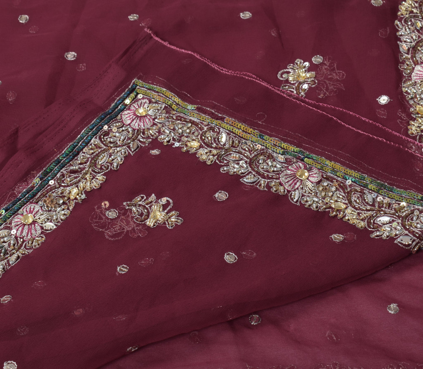 Sushila Vintage Wedding Maroon Dupatta Art Georgette Hand Beaded Long Stole Wrap