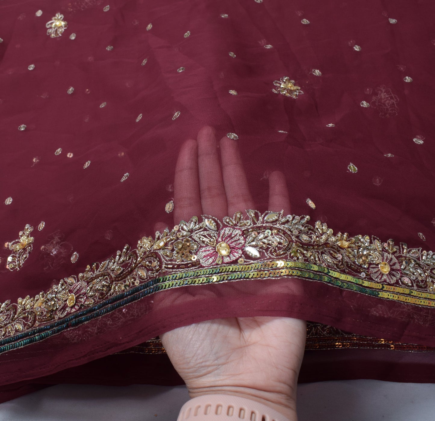 Sushila Vintage Wedding Maroon Dupatta Art Georgette Hand Beaded Long Stole Wrap