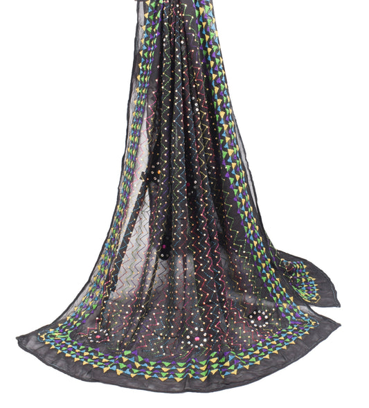 Sushila Vintage Punjab Phulkari Dupatta Black Pure Georgette Zig-Zag Long Stole