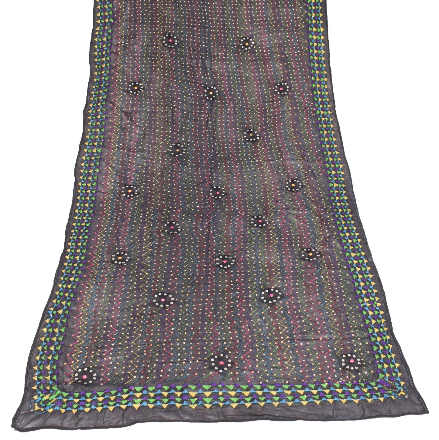 Sushila Vintage Punjab Phulkari Dupatta Black Pure Georgette Zig-Zag Long Stole