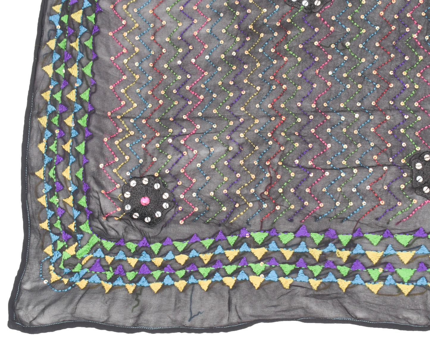 Sushila Vintage Punjab Phulkari Dupatta Black Pure Georgette Zig-Zag Long Stole