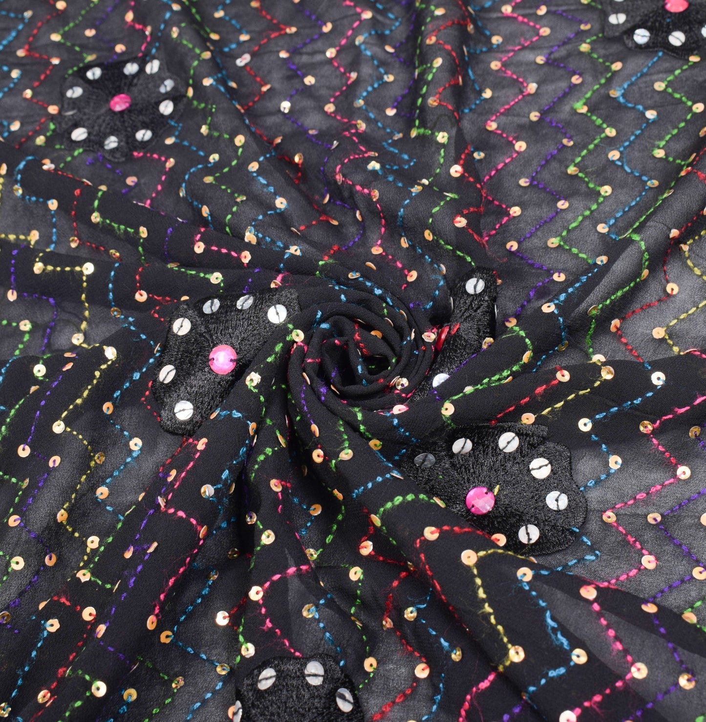 Sushila Vintage Punjab Phulkari Dupatta Black Pure Georgette Zig-Zag Long Stole