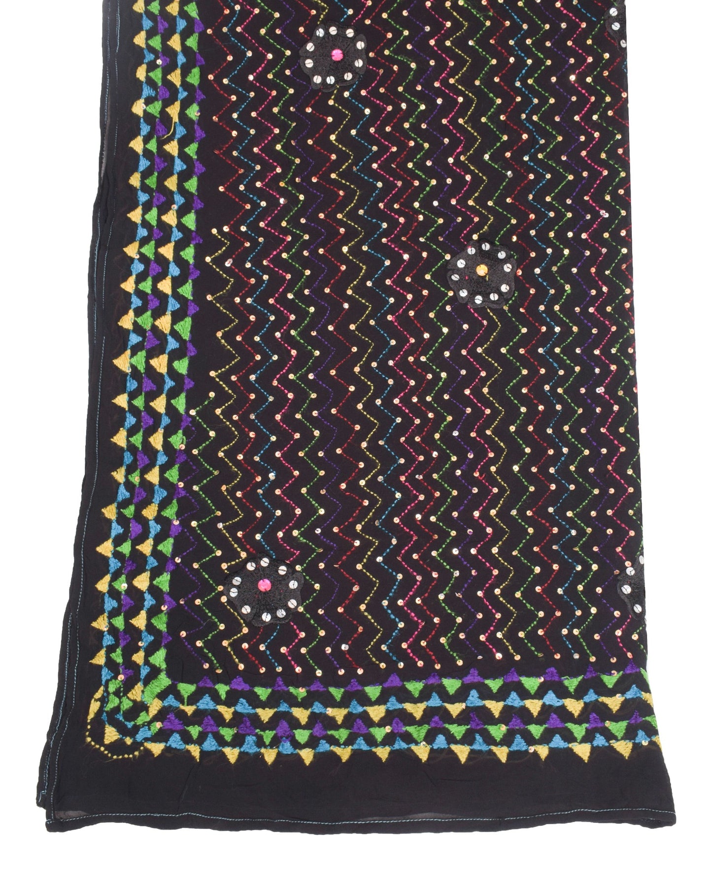 Sushila Vintage Punjab Phulkari Dupatta Black Pure Georgette Zig-Zag Long Stole