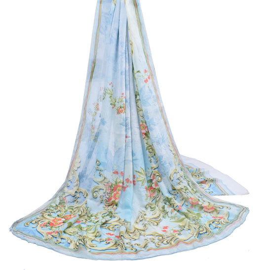 Sushila Vintage Digital Printed Dupatta Pure Chiffon Floral Sky Blue Long Stole