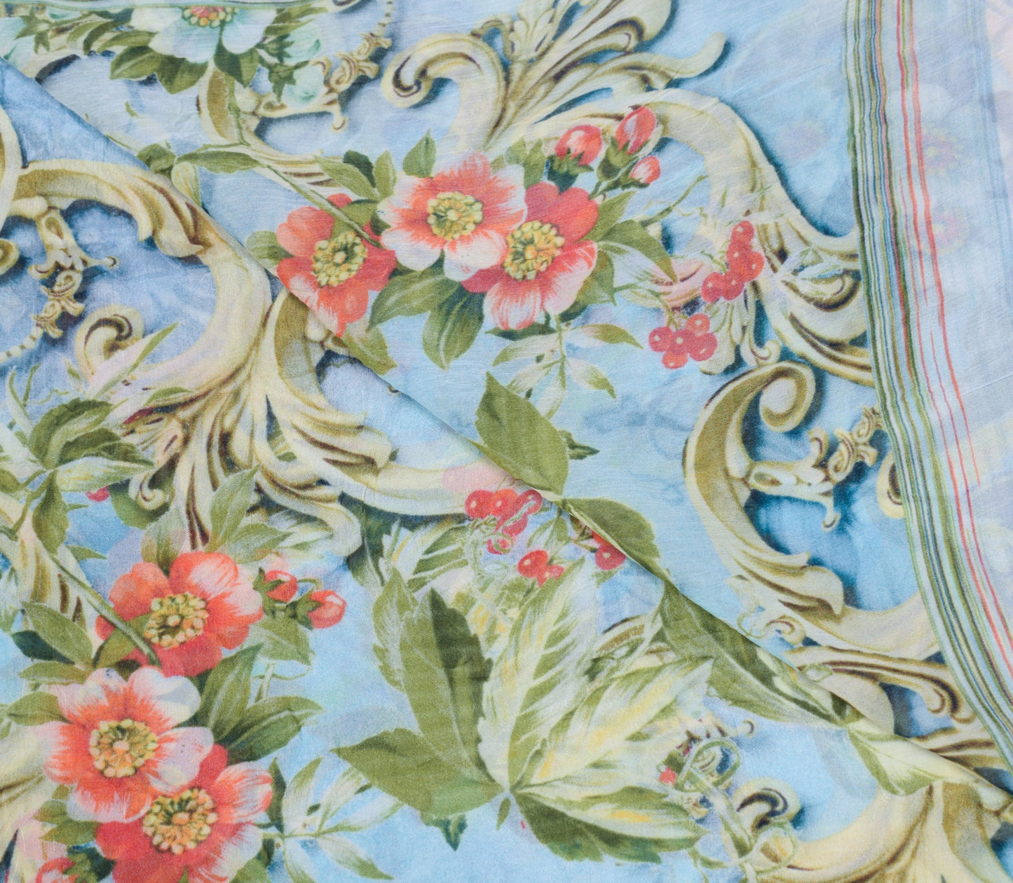 Sushila Vintage Digital Printed Dupatta Pure Chiffon Floral Sky Blue Long Stole