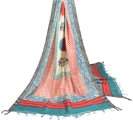 Sushila Vintage Pure Woolen Dupatta Cream Hand Block Printed Soft Long Stole