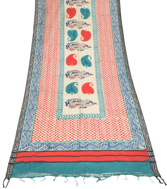 Sushila Vintage Pure Woolen Dupatta Cream Hand Block Printed Soft Long Stole