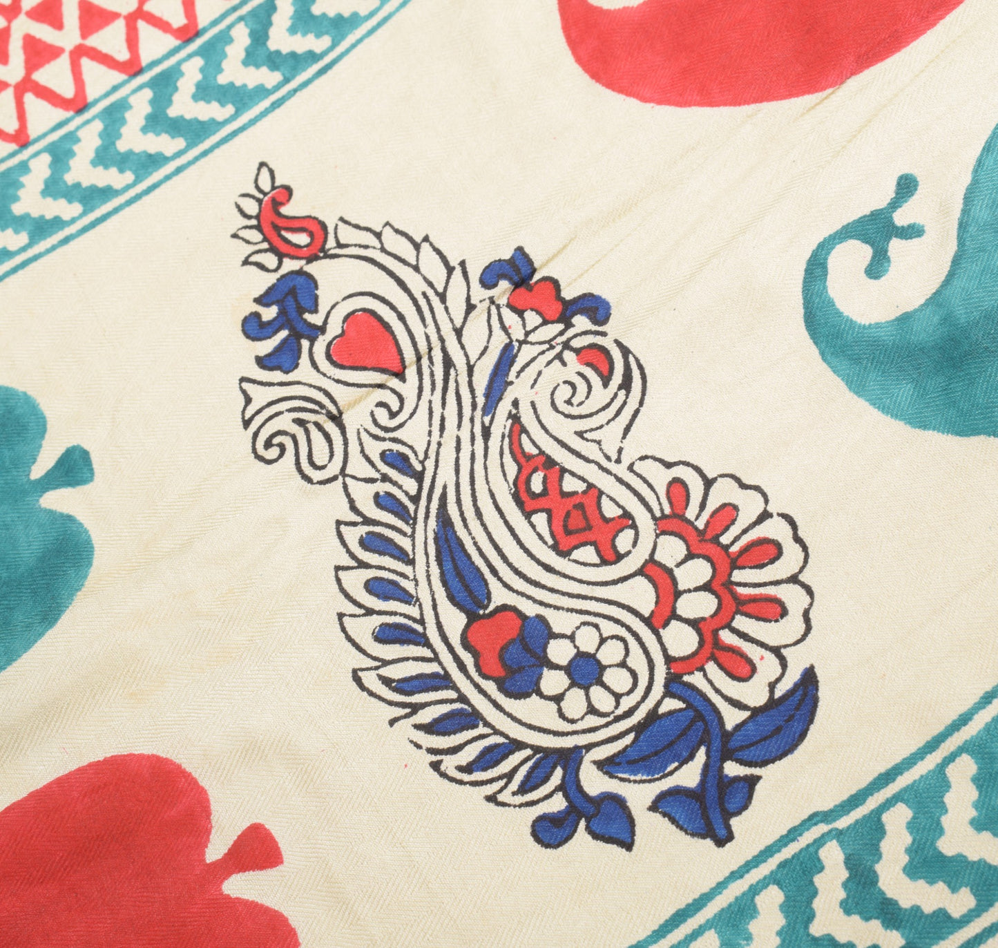 Sushila Vintage Pure Woolen Dupatta Cream Hand Block Printed Soft Long Stole