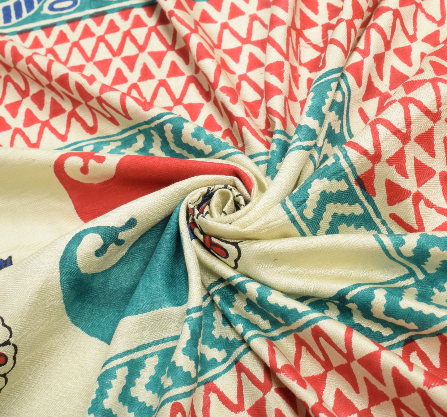 Sushila Vintage Pure Woolen Dupatta Cream Hand Block Printed Soft Long Stole