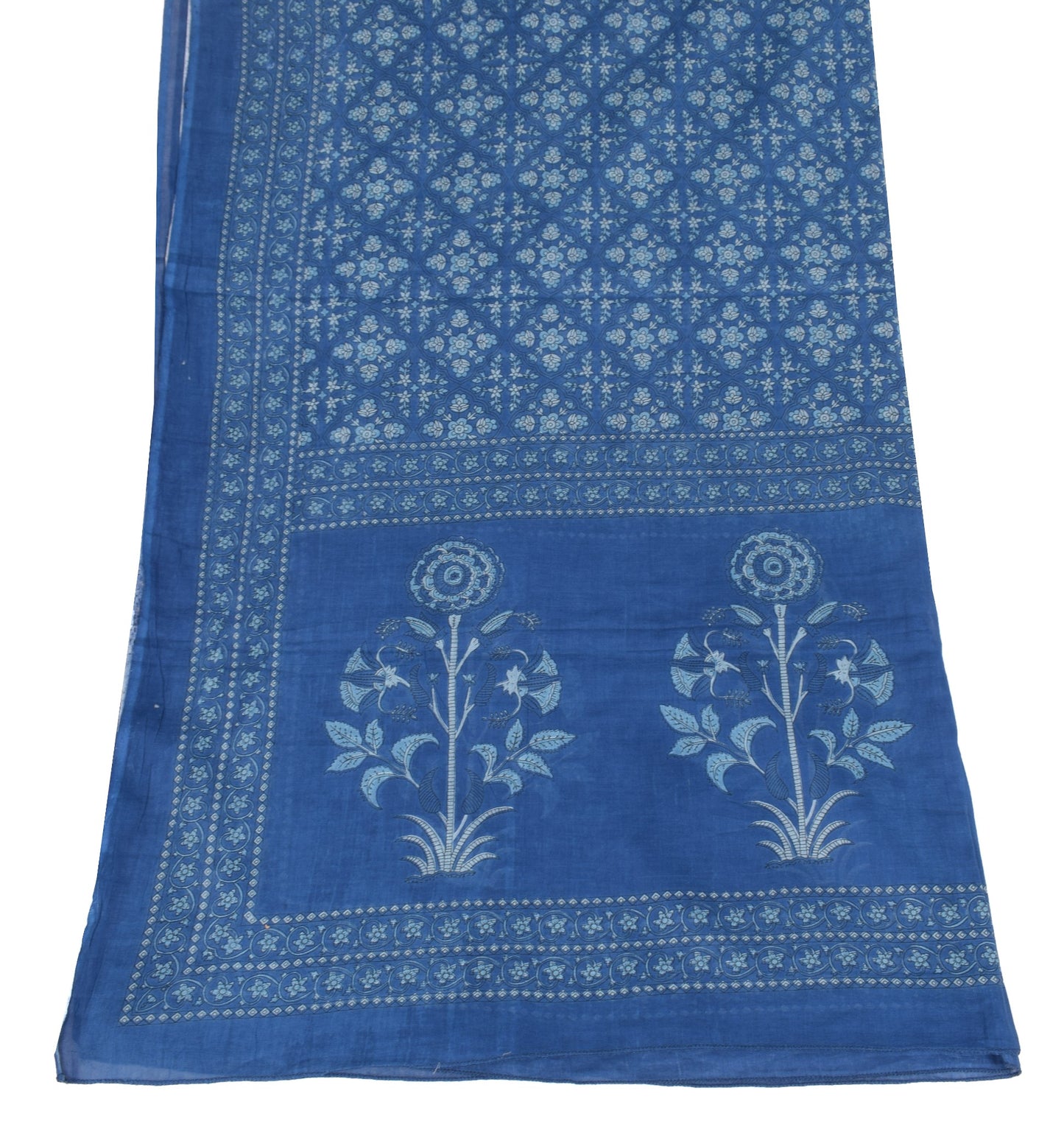 Sushila Vintage 100%Pure Cotton Dupatta Floral Printed Blue Soft Long Stole Wrap