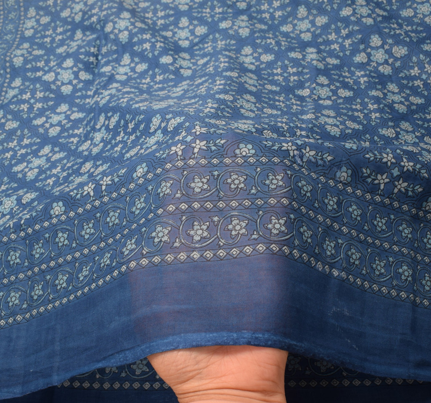 Sushila Vintage 100%Pure Cotton Dupatta Floral Printed Blue Soft Long Stole Wrap