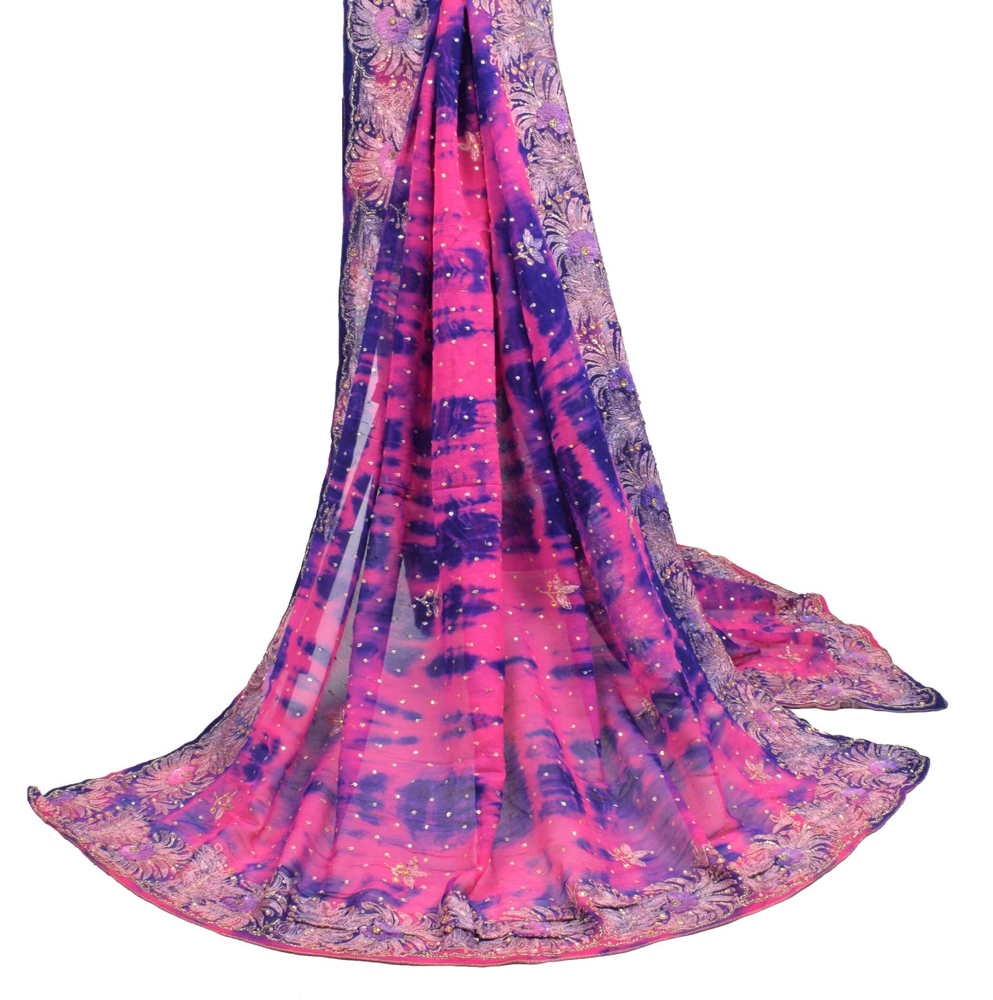 Sushila Vintage Tie-Dye Pink Dupatta Pure Georgette Floral Embroidery Long Stole