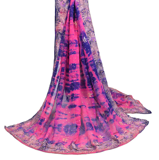 Sushila Vintage Tie-Dye Pink Dupatta Pure Georgette Floral Embroidery Long Stole