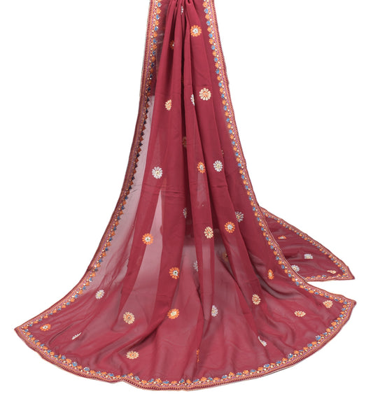 Sushila Vintage Floral Maroon Dupatta Pure Georgette Mirror Embroider Long Stole