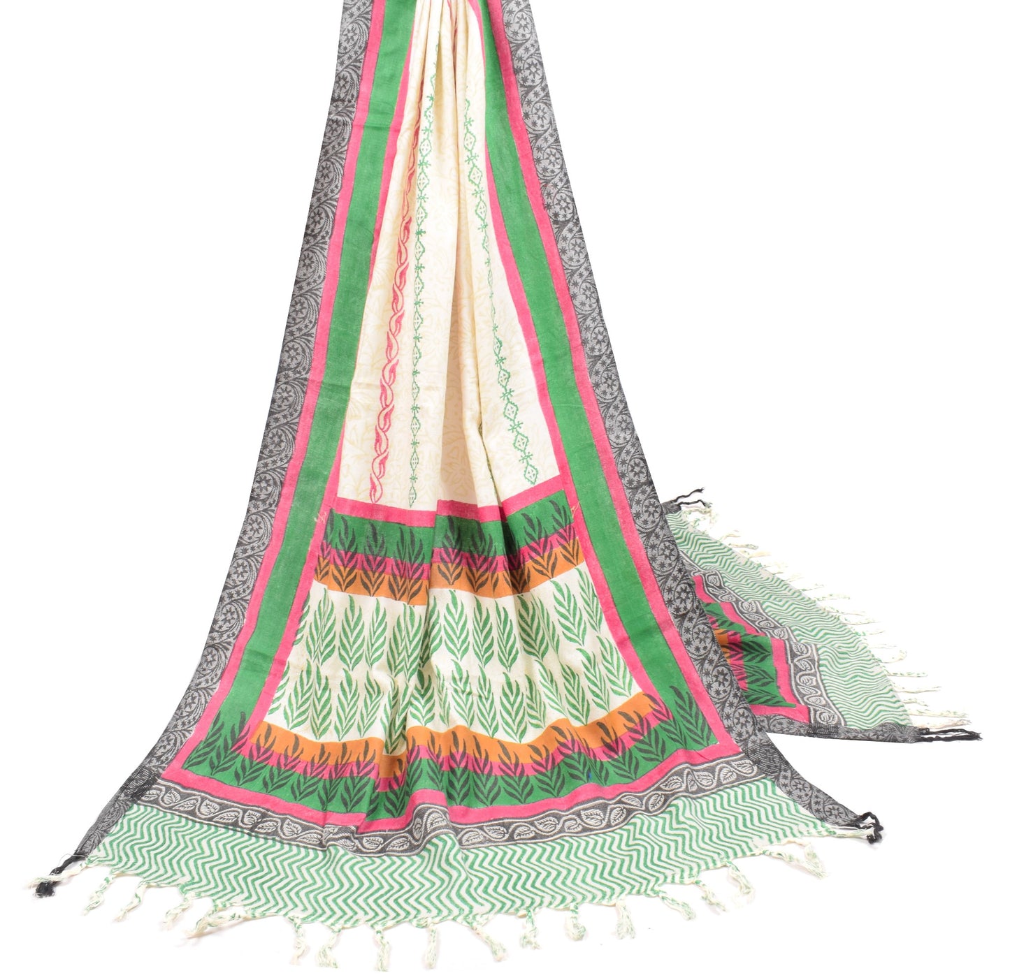 Sushila Vintage Cream Pure Woolen Dupatta Hand Block Printed Soft Long Stole