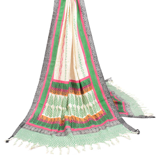 Sushila Vintage Cream Pure Woolen Dupatta Hand Block Printed Soft Long Stole