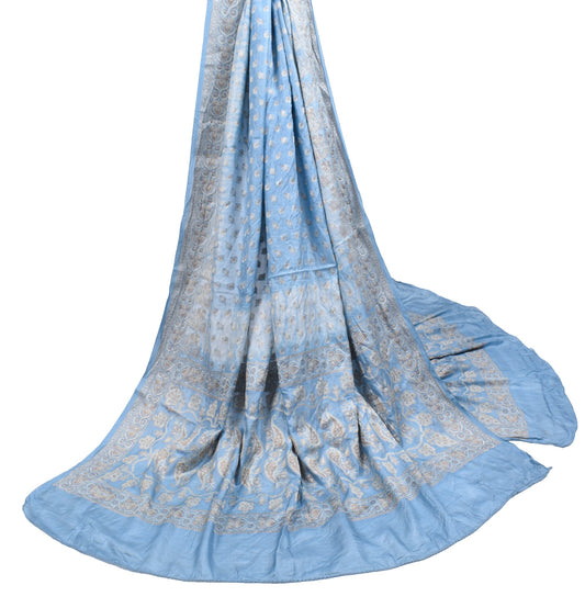 Sushila Vintage Sky Blue Dupatta Resham Woven Pure Tussar Silk Soft Long Stole