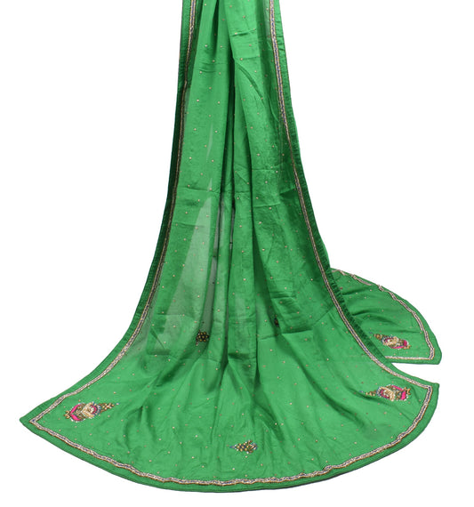 Sushila Vintage Green Pure Chiffon Dupatta Hand Embroidered Floral Long Stole