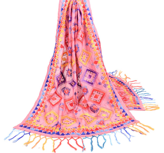 Sushila Vintage Pink Dupatta Art Silk Handmade Floral Phulkari OOAK Long Stole