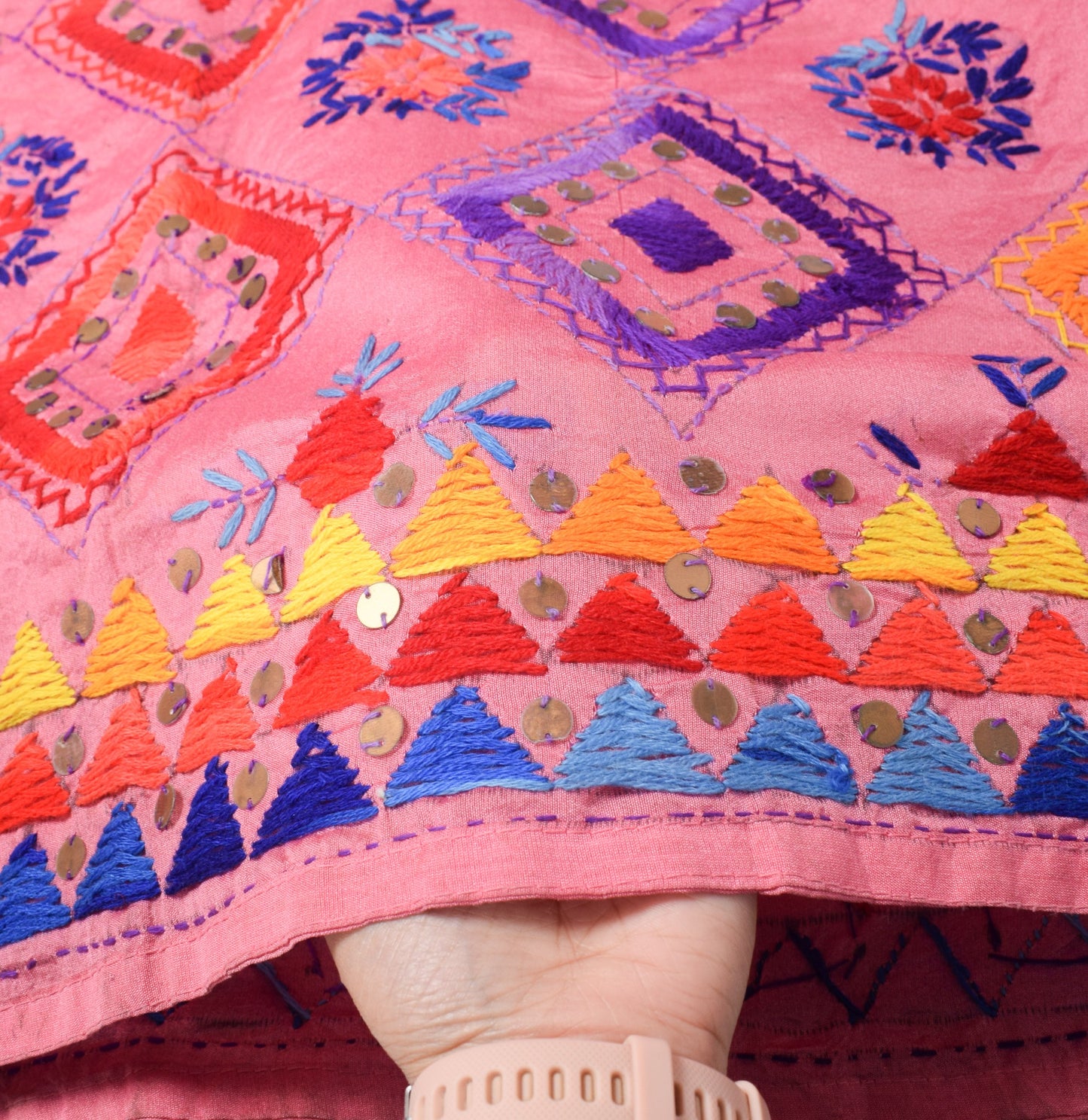 Sushila Vintage Pink Dupatta Art Silk Handmade Floral Phulkari OOAK Long Stole