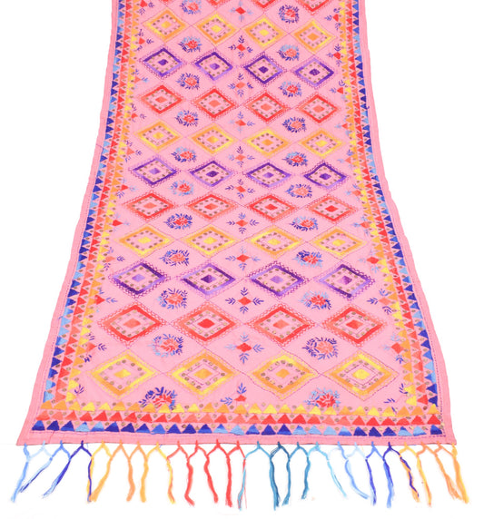 Sushila Vintage Pink Dupatta Art Silk Handmade Floral Phulkari OOAK Long Stole